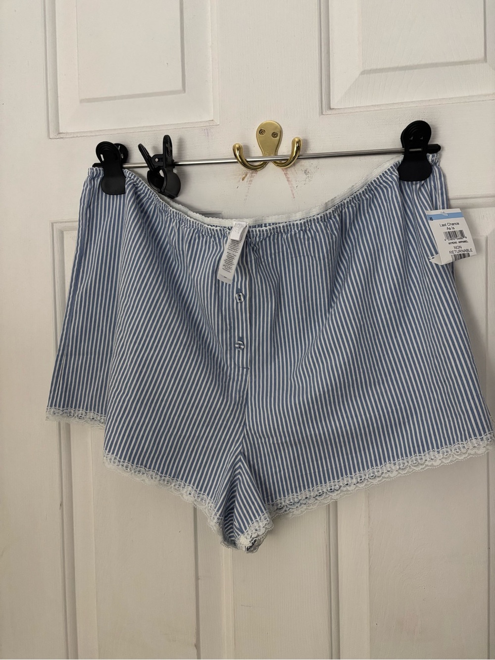 SKIMS Blue & White Striped Lace-Trim Sleep Shorts